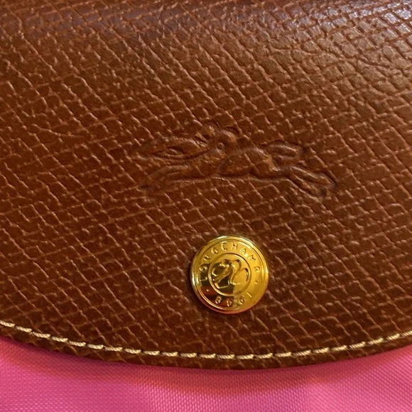 Longchamp Le Pliage small long strap #2605 pink nylon leather tote satchel purse - Picture 2 of 13